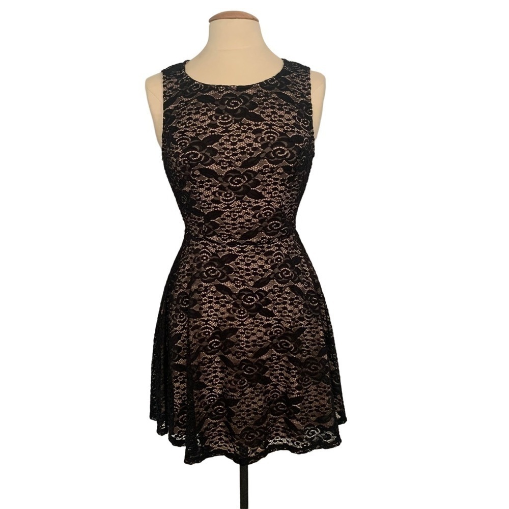 Nude illusion Black lace over nude bodice fit and flare sleeveless dress